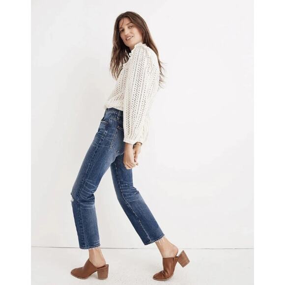 Madewell Knee Rip Plus Classic Straight Jeans Jade Wash Size 32 - Picture 3 of 11